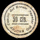 Arjona (Jaén). Comité del Frente Popular. 50 céntimos. (KG. 108) (RGH. 776). 2 cartones redondos, uno pegado en la época. Raros. BC-/BC+.