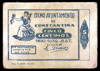 Constantina (Sevilla). 5,10, 25 y 50 céntimos. (RGH. 2026, 2027 y falta). 4 cartones. Emitidos por el bando nacional. Restos de celofán. Muy raros. BC...