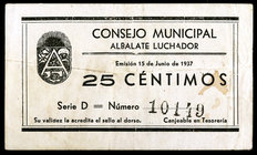 Albalate Luchador (Teruel). 25 y 1 peseta. (KG. 28) (RGH. 173 y 175). 2 billetes. Raros. BC/MBC.