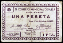Blesa (Teruel). 1 peseta. (KG. 185)(RGH. 1241). Nº 0038. Restos de celofán. Escaso. MBC-.