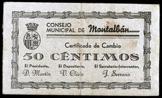 Montalbán (Teruel). 50 céntimos y 1 peseta. (KG. 503 y 503a) (RGH. 3620 y 3621). 2 cartones, uno con restos de celofán, serie completa. Escasos. MBC-....