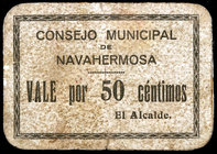 Navahermosa (Toledo). 50 céntimos. (KG. falta) (RGH. 3807). Cartón. Restos de celofán. Muy raro. BC+.