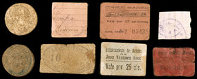 Lote de 8 billetes de la Guerra Civil, con el nombre de la localidad inexistente o de imposible lectura. A examinar. MC/BC+.