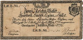 Altdeutsche Staaten und Länderbanken bis 1871 Sachsen
Kurfürstlich Sächsische Cassen-Billets 2 Reichstaler 6.5.1772. Litt. B, Nr. 67651 Pi./Ri. A 375...