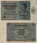 Deutsches Reich bis 1945
Geldscheine der Inflation 1919-1924 20 Billionen Mark 5.2.1924. Serie A Ro. 135 Sehr selten. III-IV