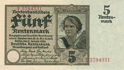 Deutsches Reich bis 1945
Deutsche Rentenbank 1923-1937 5 Rentenmark 2.1.1926. Serie T Ro. 164 a I-