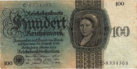 Deutsches Reich bis 1945
Deutsche Reichsbank 1924-1945 100 Reichsmark 11.10.1924. Mit Perforation "MUSTER". Serie B / C Ro. zu 171 Selten. III-