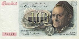 Bundesrepublik Deutschland
Bank deutscher Länder 1948-1949 100 DM 9.12.1948. Serie E.49 Ro. 256 Leicht gewellt, fast III