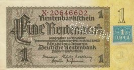 Deutsche Demokratische Republik
Kuponausgaben zur Währungsreform 1948 1 Rentenmark 30.1.1937. Mit Kuponmarke 1948 und mit Perforation "MUSTER" Ro. 33...