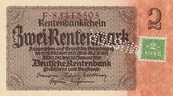 Deutsche Demokratische Republik
Kuponausgaben zur Währungsreform 1948 2 Rentenmark 30.1.1937. Mit Kuponmarke und mit Perforation "MUSTER" Ro. 331 M S...