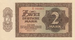 Deutsche Demokratische Republik
Ausgaben der Deutschen Notenbank und Staatsbank 1948-1990 2 DM 1948. KN 6-stellig, Serie H (I-) und U und KN 7-stelli...