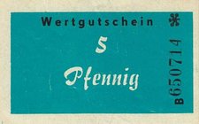 Deutsche Demokratische Republik
Gefängnisgeld 1 Pfennig, orange, Serie A ohne KZ. 5 Pfennig, hellblau, mit KZ. Dazu 5 Plastikmarken zu 1, 5, 10, 20 u...