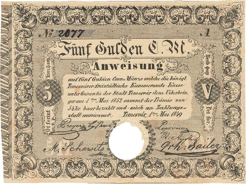Ausland
Ungarn 5 Gulden 1.5.1849. WPM S 197 b Selten. II