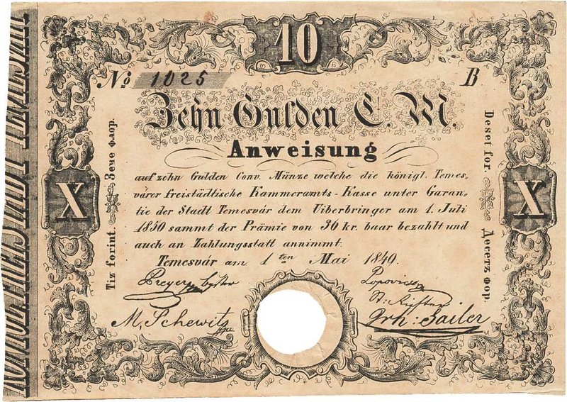 Ausland
Ungarn 10 Gulden 1.5.1849. WPM S 198 b Selten. II
