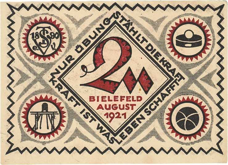 Städte und Gemeinden
Bielefeld (NRW) 2 Mark Aug. 1921. Turn- und Sportverein 18...