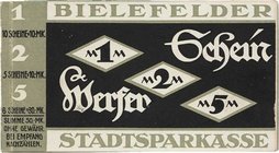 Städte und Gemeinden
Bielefeld (NRW) Schein Werfer. Bestehend aus den Scheinen: 10x 1 Mark 1.12.1918, 5x 2 Mark 1.12.1918 und 6x 5 Mark 10.1.1920. Au...