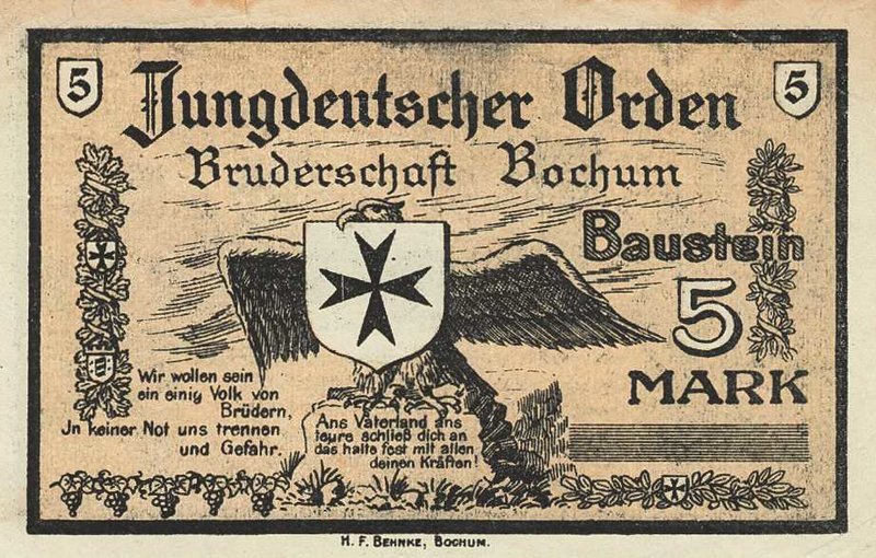Städte und Gemeinden
Bochum (NRW) 5 Mark o.D. Jungdeutscher Orden, Bruderschaft...