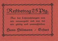 Städte und Gemeinden
Erfurt (Thür) 1, 2, 5, 10, 25, 50 und 75 Pfennig, 1 Mark o.D. (1920) - Hans Hillmann. 1. und 2. Ausgabe. Ohne Stempel Grab./Mehl...