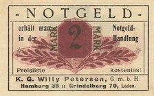 Städte und Gemeinden
Hamburg 2 Mark o.D. und 20 Mark 25.-29.11.1922 - K.G. Willy Petersen, Notgeldhandlung, Gutscheine zur Notgeldmesse. Bei 2 Mark o...