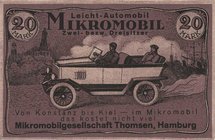 Städte und Gemeinden
Hamburg 20 Mark o.D.-Ende 1923. Thomsen, Mikromobilgesellschaft Grab./Mehl 558.1 Äußerst selten I
