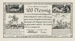 Städte und Gemeinden
Hüttenhausen (NRW) 100 Pfennig 1921. Kollegenschaft. Rückseite mit gelbem Unterdruck Grab./Mehl 636.2 Selten. I