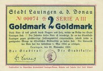 Städte und Gemeinden
Lauingen (Bay) 1/2 Goldmark 22.11.1923. 1 Stück mit 2 Stempeln "Entwertet" auf der Vorderseite. 1 und 2 Goldmark 22.11.1923 ohne...