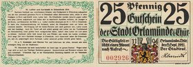 Städte und Gemeinden
Orlamünde (Thür.) 25 Pfennig und 6x 50 Pfennig 2.9.1921 - Stadt. Der 25 Pfennig-Schein diente als Umschlag für die Serie. Serie ...