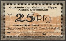 Städte und Gemeinden
Oschersleben (S-A) 5, 10, 25 und 50 Pfennig Mai 1921. Gebrüder Dippe A.-G., Landwirtschaft. Serie I F/B/L/S 0009.1 4 Stück. I