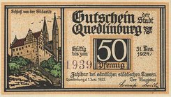 Städte und Gemeinden
Quedlinburg (S-A) 25 und 3x 50 Pfennig 1.6.1921-31.12.1924 - Stadt. Klopstock-Serie. Mit violetter KN Grab./Mehl 1087.1 b 4 Stüc...