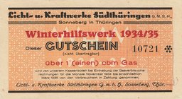 Städte und Gemeinden
Sonneberg (Thür) Gutschein über 1 cbm. Gas. 1 Kwst. Strom - Sonneberger Licht u. Kraftwerke GmbH. 1 cbm. Wasser des Städtischen ...