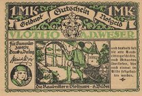 Städte und Gemeinden
Vlotho (NRW) 10, 25, 50 Pfennig und 1 Mark o.D. Heinrich Meyer, Verlag. Vorderseite gelbgrün, Rückseite blaugrün Grab./Mehl 1364...