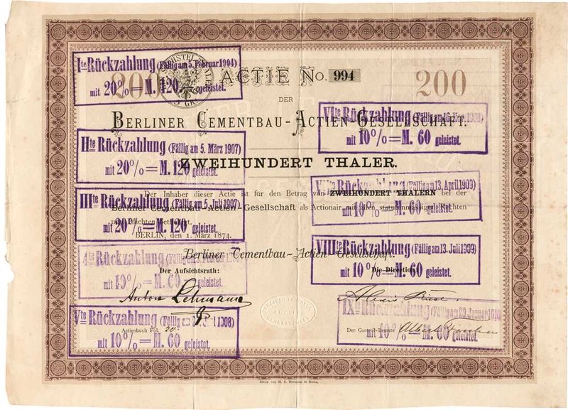 Deutschland
Berlin, Berliner Cementbau-Aciten-Gesellschaft Aktie über 200 Taler...