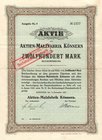 Deutschland
Könnern, Aktien-Malzfabrik (S-A) Aktie über 1200 Mark 14.12.1921. Ausgabe Nr. 9, Nr. 2337. Umgestellt auf 600 Goldmark. Dekorative Borde....