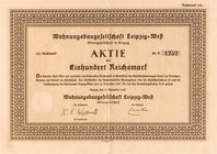 Deutschland
Leipzig, Wohnungsbaugesellschaft Leipzig-West Aktie über 100 Reichsmark 15.11.1927. Inhaberaktie. Mit kompletten Kuponbogen. 300 x 2100 m...