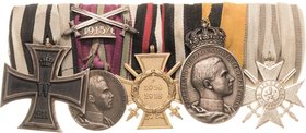 Ordensspangen
Spange mit 5 Auszeichnungen Preußen - Eisernes Kreuz 1914, 2. Klasse. Sächsische Herzogtümer - Medaille des Sachsen-Ernestinischen Haus...