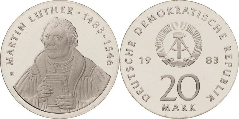 Gedenkmünzen Polierte Platte
 20 Mark 1983. Luther. Lose in Kapsel Jaeger 1591 ...