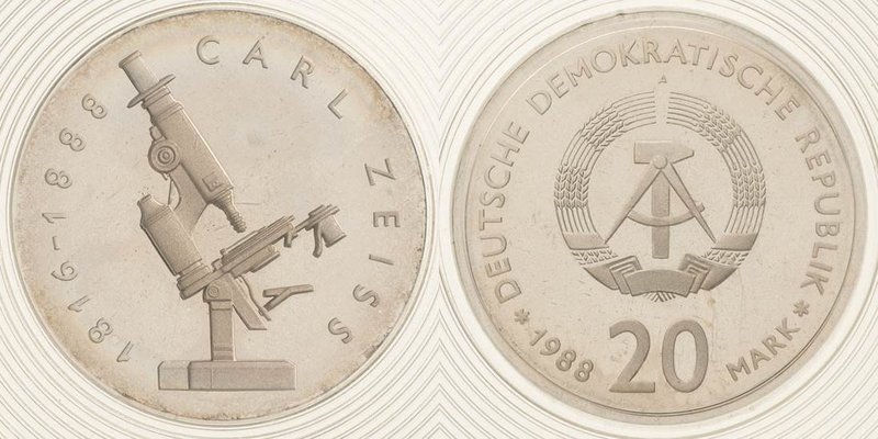 Gedenkmünzen Polierte Platte
 20 Mark 1988. Zeiss. Im verplombten Originaletui ...
