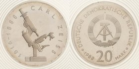 Gedenkmünzen Polierte Platte
 20 Mark 1988. Zeiss. Im verplombten Originaletui Jaeger 1621 Avers kl. Fleck, Polierte Platte