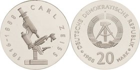 Gedenkmünzen Polierte Platte
 20 Mark 1988. Zeiss. Lose in Kapsel Jaeger 1621 Leicht berieben, Polierte Platte