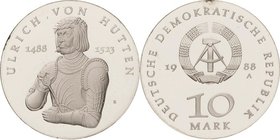 Gedenkmünzen Polierte Platte
 10 Mark 1988. Hutten. Lose in Kapsel Jaeger 1622 Avers winz. Fleck, Polierte Platte