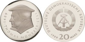 Gedenkmünzen Polierte Platte
 20 Mark 1989. Müntzer. Lose in Kapsel Jaeger 1624 Winz. Kratzer, Polierte Platte