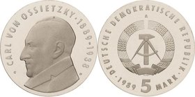 Gedenkmünzen Polierte Platte
 5 Mark 1989. Ossietzky. Lose in Kapsel Jaeger 1628 Polierte Platte