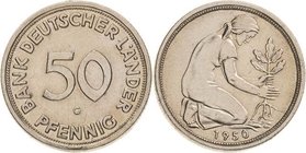 Kursmünzen
 50 Pfennig 1950 G BANK DEUTSCHER LÄNDER Jaeger 379 Zaponiert, sehr schön-vorzüglich