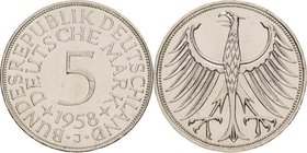 Kursmünzen
 5 DM 1958 J Jaeger 387 Selten in dieser Erhaltung. Kl. Randfehler, kl. Kratzer, vorzüglich-Stempelglanz