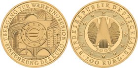 Gedenkmünzen
 200 Euro 2002 J Einführung des Euro. 31,1 g (1 Unze) Feingold. Im Originaletui mit Zertifikat Jaeger 494 GOLD. Stempelglanz