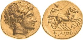Makedonien Könige von Makedonien
Philippos II. 359-336 v. Chr Gold-Stater 323/315 v. Chr. Amphipolis Posthume Prägung. Kopf des Apollon nach rechts /...