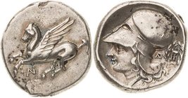 Akarnania Anaktorion
 AR-Stater 350/300 v. Chr. Pegasus fliegt nach rechts, darunter Monogramm AN / Athenakopf mit korinthischem Helm nach links, dah...