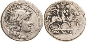 Römische Republik
Anonym 209-208 v. Chr Denar Romakopf im Helm mit Drachenkopf nach rechts, links Wertzeichen X. / Die Dioskuren nach rechts, darüber...