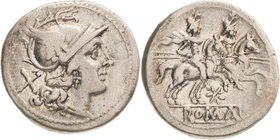Römische Republik
Anonym 209-208 v. Chr Denar Romakopf mit geflügeltem Greifenhelm nach rechts, dahinter Wertzeichen X / Die Dioskuren mit Lanzen zu ...