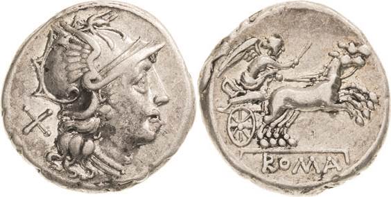 Römische Republik
Anonym, 157/156 v. Chr Denar Romakopf mit Flügelhelm nach rec...
